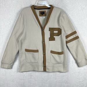 DR Essentials Mens L Ivory Tan Fleece Varsity Letter Cardigan Sweater College